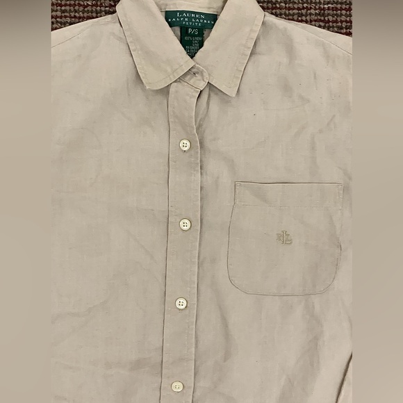 Women's Small Petite Natural Linen Lauren Ralph Lauren Vtg Button Down Shirt - Picture 9 of 12